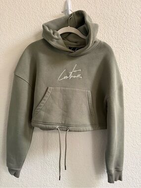 Olive Cropped Hoodie with Drawstring Hem